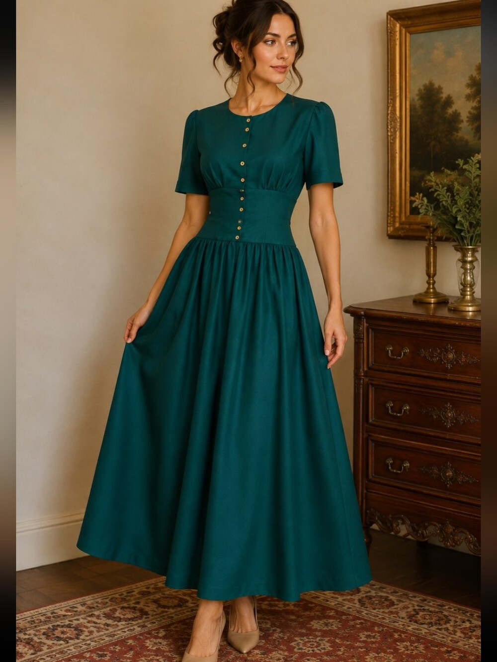 Vintage Handmade Teal Green Maxi Dress Gold Buttons Full Skirt Shoulder Pads